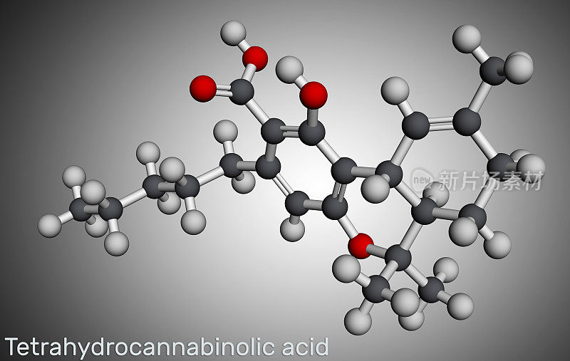 四氢大麻酚酸，THCA，四氢大麻酚酸分子。四氢大麻酚前体THC，活性成分大麻。分子模型。3 d渲染。